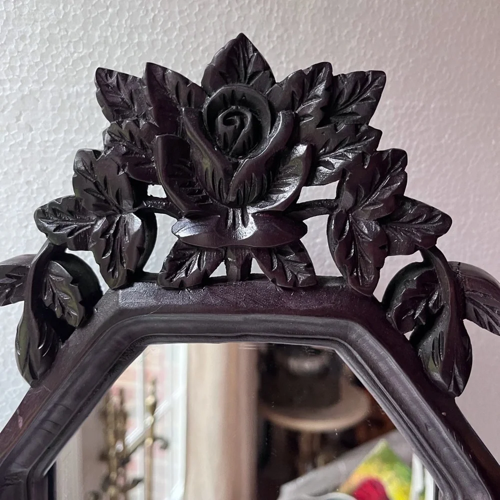 Antique hand carved vanity mirror Floral frame walnut wood frame